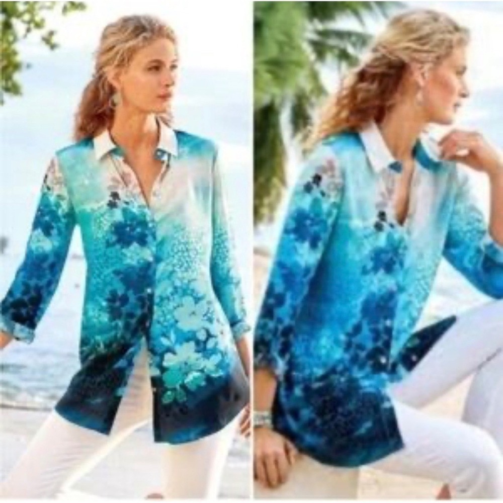 Soft Surroundings 100% Silk Blue Floral Leopard Print Tunic Blouse XS 2BU75